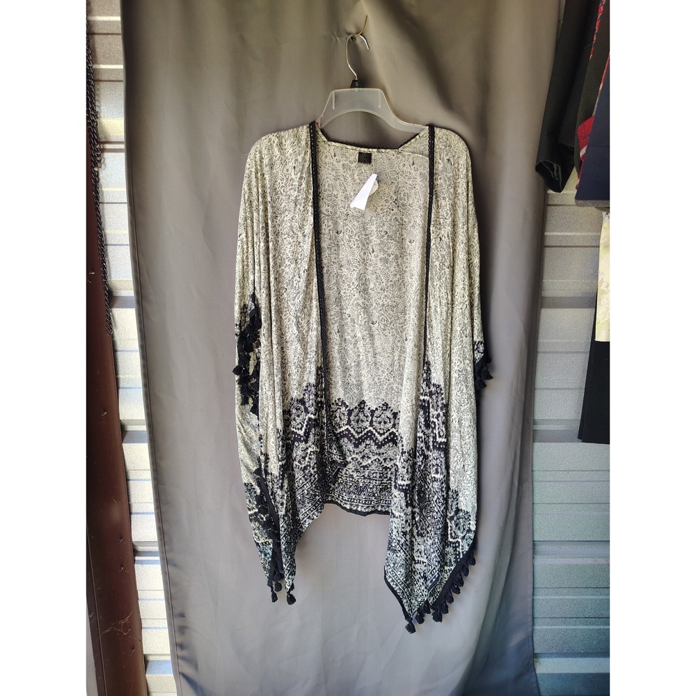 D&Y Womens Paisley Tassel Kimono Wrap Black Cream Boho Open Front One Size